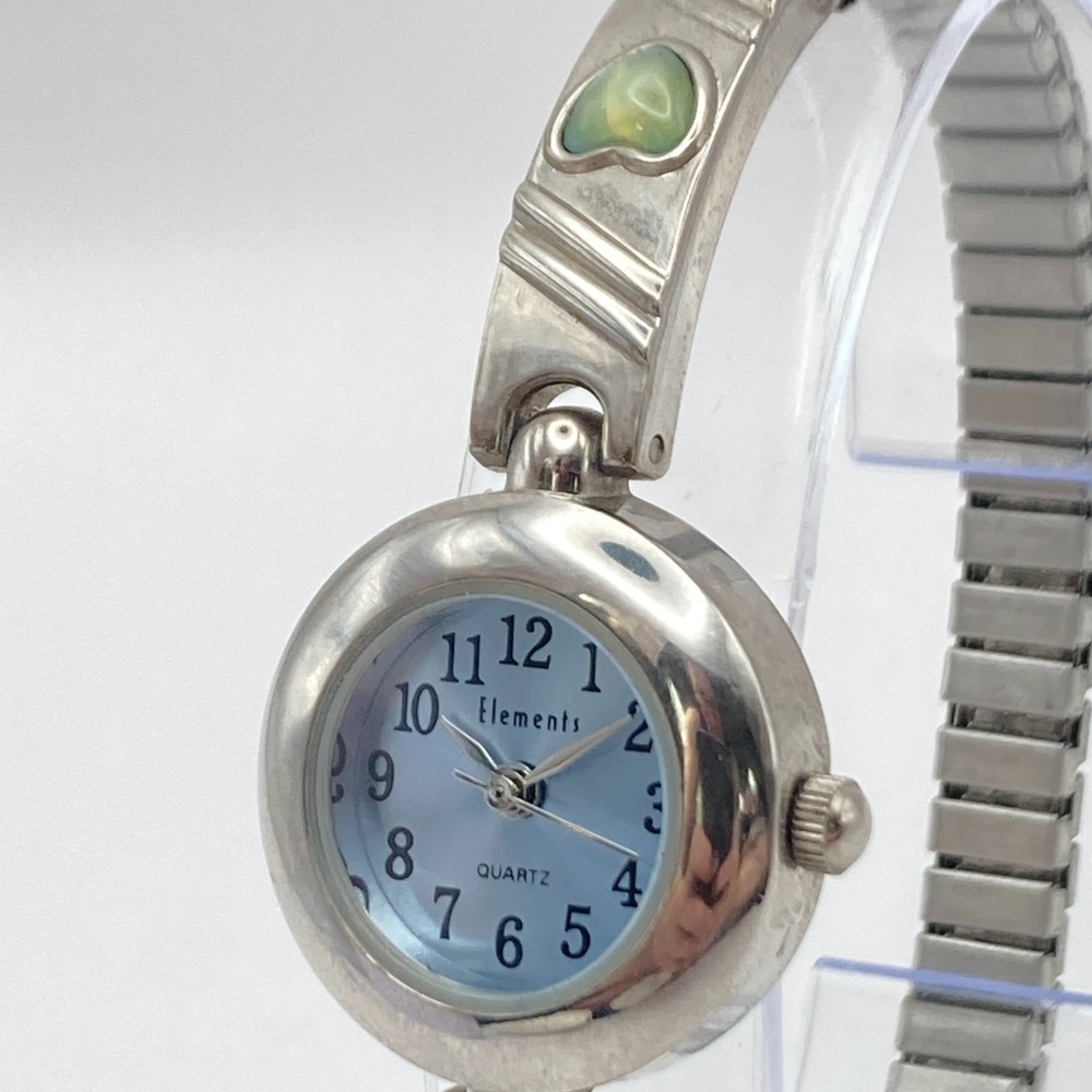 Vtg Elements Women's Watch Silver Tone Cats Eye Heart Stretch Band New Battery